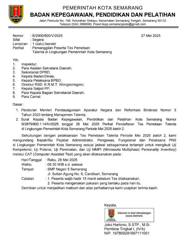 Pemanggilan Peserta Tes Pemetaan Talenta di Lingkungan Pemerintah Kota Semarang